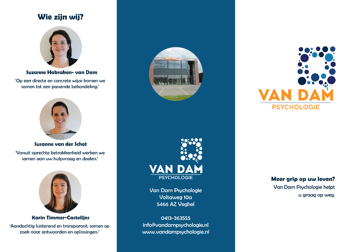 Creativv |Voorbeeld grafisch vormgeving folder Van Dam Psychologie: Logo, huisstijl, brochures, visitekaartjes, flyers en online banners ontwerpen