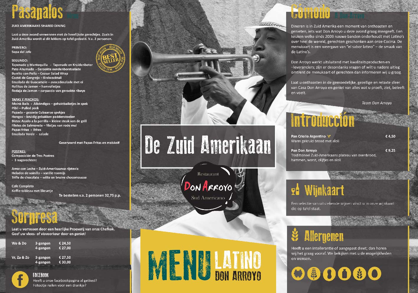 Creativv |Voorbeeld grafisch vormgeving menukaart restaurant Don Arroyo: Logo, huisstijl, brochures, visitekaartjes, flyers en online banners ontwerpen