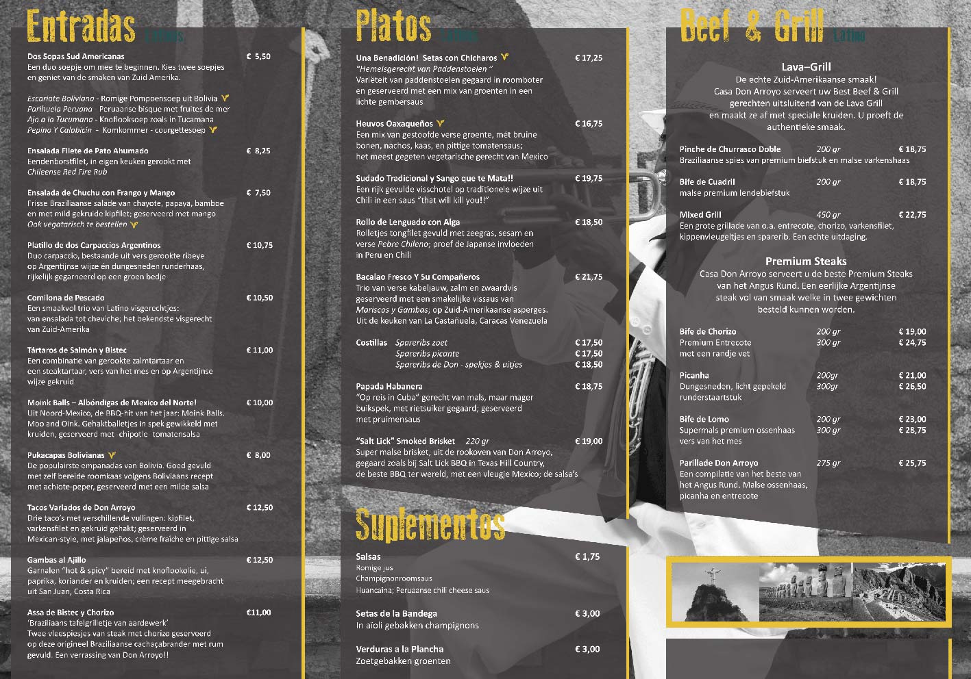 Creativv |Voorbeeld grafisch vormgeving menukaart restaurant Don Arroyo: Logo, huisstijl, brochures, visitekaartjes, flyers en online banners ontwerpen